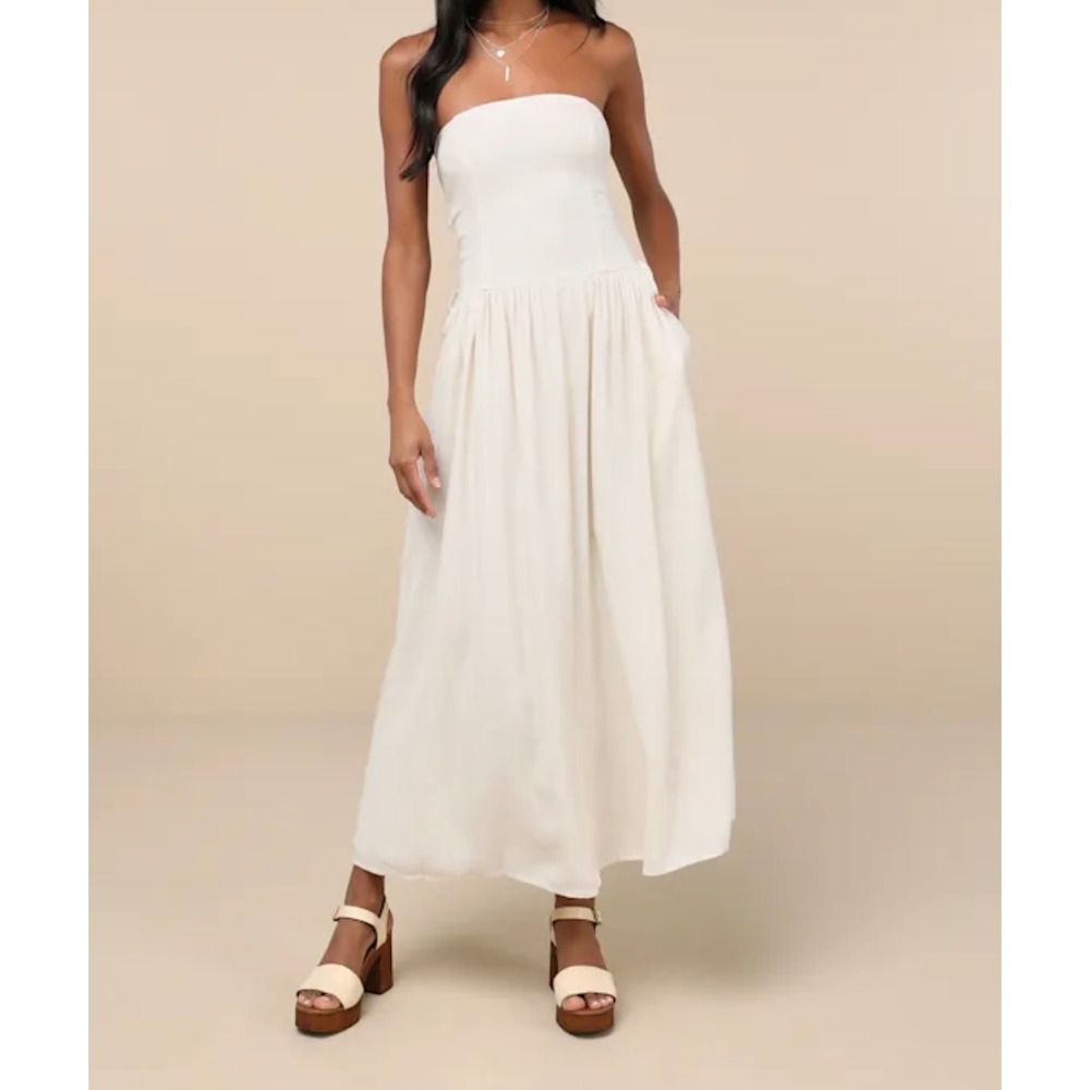 Lulus Undeniable Affection Ivory Strapless Maxi Dress w/Pockets Linen Blend FLAW